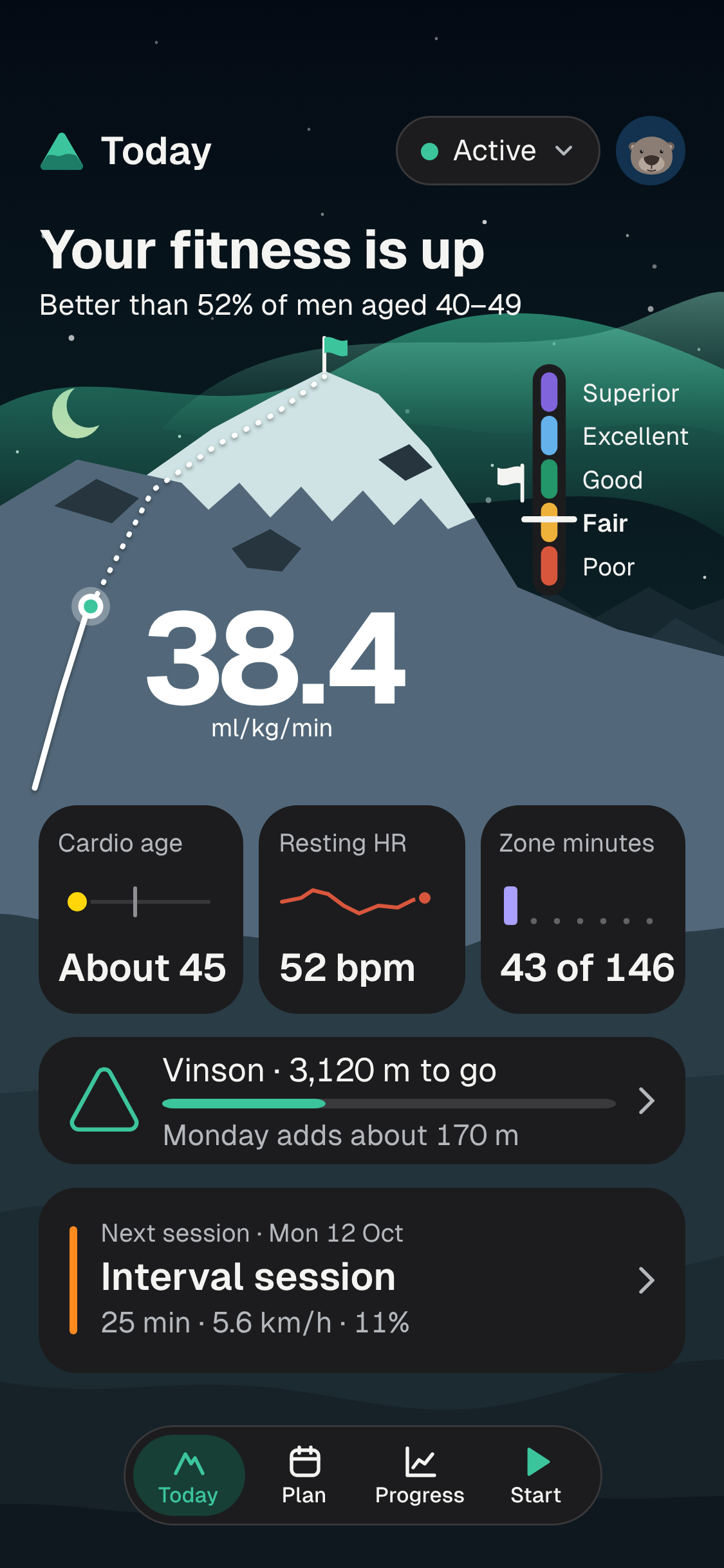 The Today screen on Vinson: VO2 max 38.4, Vinson 3,120 m to go.
