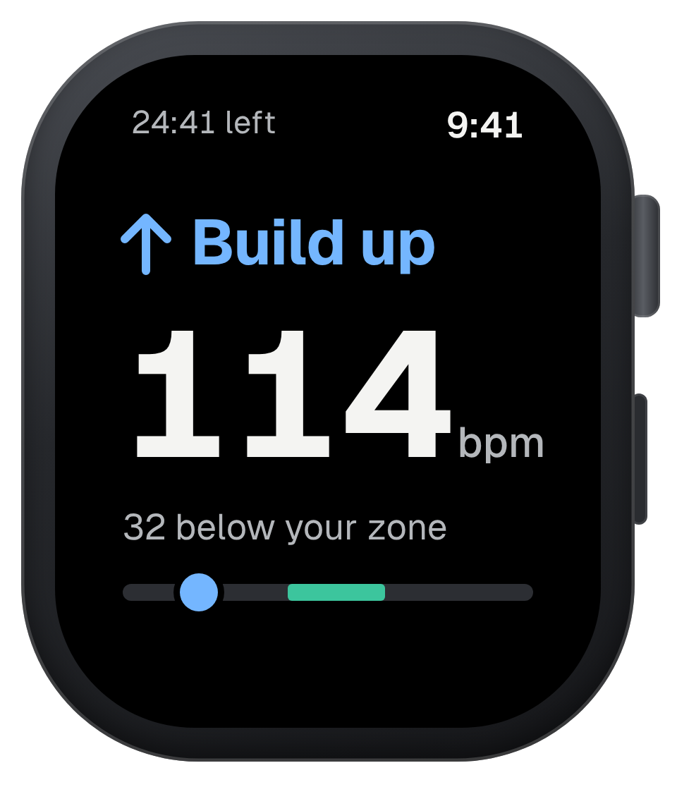 Uphill on Apple Watch during a session: Build up, 114 bpm, 32 below your zone, with 24:41 left.